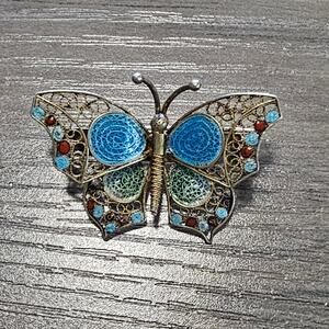 Vintage 800 Gold Filigree Painted Butterfly Brooch